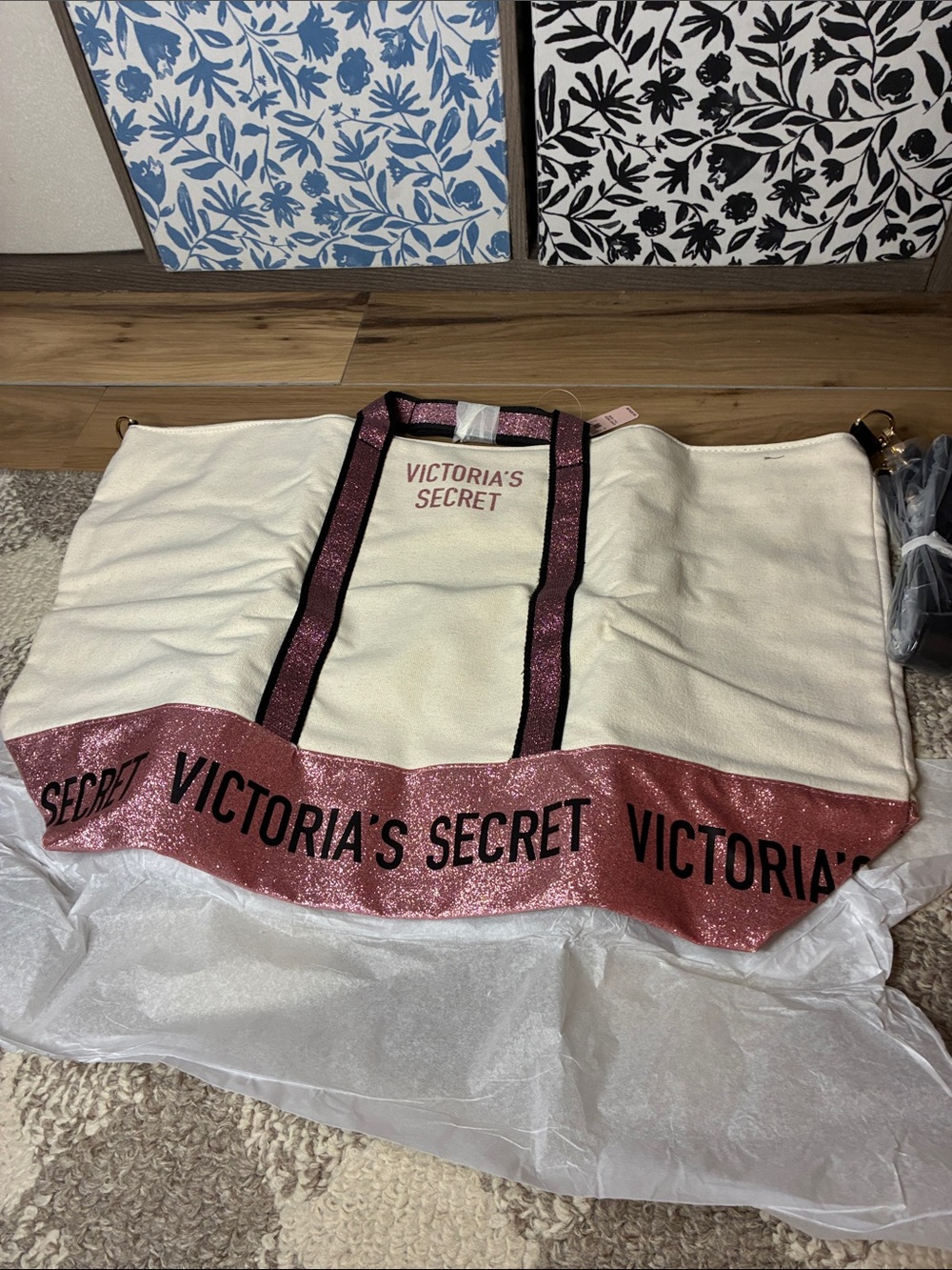 Victoria's Secret Cream Tote with Pink Glitter Trim